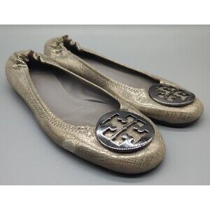 Tory Burch Reva Ballet Textured Ballet Sz 9  Metalic Pewter Leather